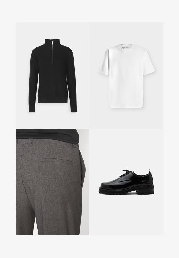 Sort strikket pullover med høj krave, lynlås lukning, ribbede mansjetter og søm, med en glat tekstur og en tætsiddende silhuet.; Klassisk hvid T-shirt med korte ærmer og rund hals lagt fladt på en lysegrå baggrund med et lille mærke inde i halsudskæringen.; Grå skræddersyede bukser med en glat tekstur, udstyret med en enkelt baglomme og et slim fit design. Stoffet har et subtilt mønster.; Sort poleret læder snørestøvle med tyk gummisål og lav hæl, sideskilt med mærketekst "SAMSOE" og bageste træksnor.