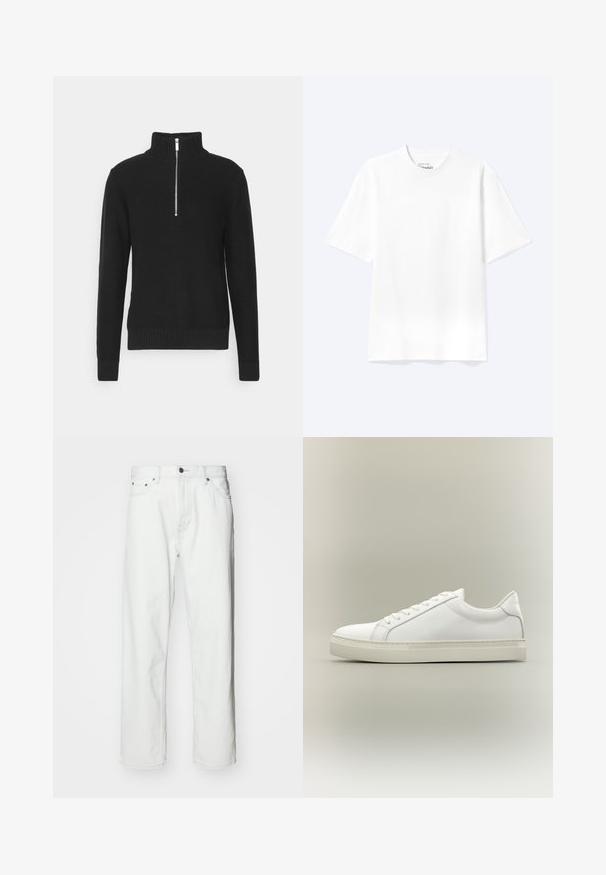 Sort strikket pullover med høj krave, lynlås lukning, ribbede mansjetter og søm, med en glat tekstur og en tætsiddende silhuet.; Enkel hvid T-shirt med korte ærmer og rund hals med afslappet pasform, vist på en lys baggrund.; Hvide denimbukser med lige pasform, fem-lomme design, knaplukning og subtile syninger. Glat tekstur og minimalistisk stil.; Hvid lavtop sneaker med snørebånd foran og tyk sål, vist fra siden mod en neutral baggrund.