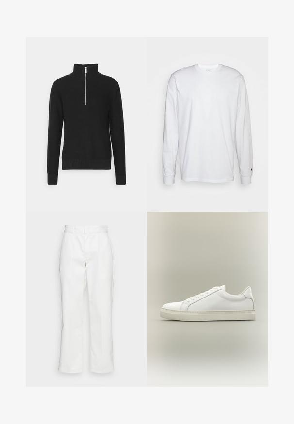 Zwart gebreide pullover met een hoge kraag, ritssluiting, geribde manchetten en zoom, met een gladde textuur en een getailleerd silhouet.; Witte lange mouwen T-shirt van katoen. Ronde hals ontwerp met ribgebreide manchetten en een klein logo op de linkermouw. Gladde textuur.; Witte katoenen broek met een recht model, riemlussen en zijzakken, met een gladde textuur en minimale detaillering.; Witte lage sneaker met veters aan de voorkant en dikke zool, zijaanzicht tegen een neutrale achtergrond.