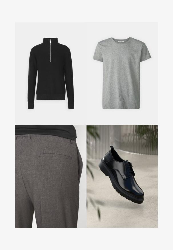 Sort strikket pullover med høj krave, lynlås lukning, ribbede mansjetter og søm, med en glat tekstur og en tætsiddende silhuet.; Grå kortærmet t-shirt lavet af blød bomuldsblanding. Har en rund halsudskæring og en enkel, glat tekstur uden mønstre eller accentuer.; Grå skræddersyede bukser med en glat tekstur, udstyret med en enkelt baglomme og et slim fit design. Stoffet har et subtilt mønster.; Sorte lædersko med en blank overflade, rund tå, snøredesign, kontrastsyninger og en tyk gummisål med mønster.