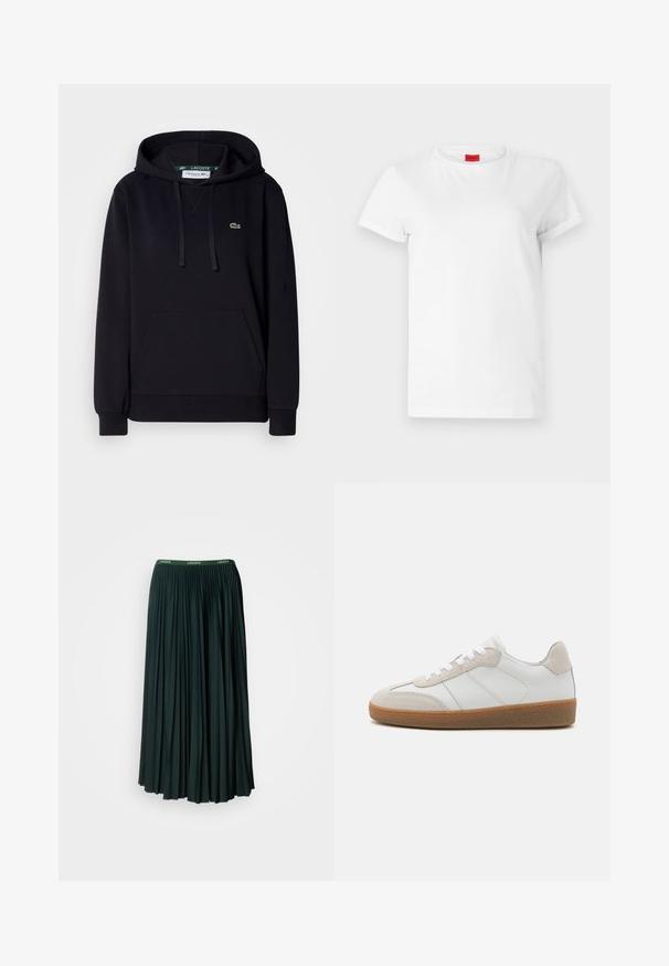 Schwarzer Hoodie aus weichem Stoff, mit einer Kängurutasche, Kapuze mit Kordelzug, gerippten Bündchen und einem kleinen grünen Krokodillogo auf der Brust.; Weißes Kurzarm-T-Shirt aus leichtem Baumwollstoff. Hat einen runden Halsausschnitt und umgeschlagene Ärmel. Rotes Logo-Tag am Kragen.; Lange, plissee Röcke in Dunkelgrün mit breitem Taillenbund, auf dem der Markenname "LACOSTE" in kontrastierendem grünen Schriftzug prangt.; Weiße Leder-Sneaker mit beige Suede-Akzenten, strukturiertem Zungenbereich und Gummisohle. Verfügt über weiße Schnürsenkel und dezente eingestickte Details.