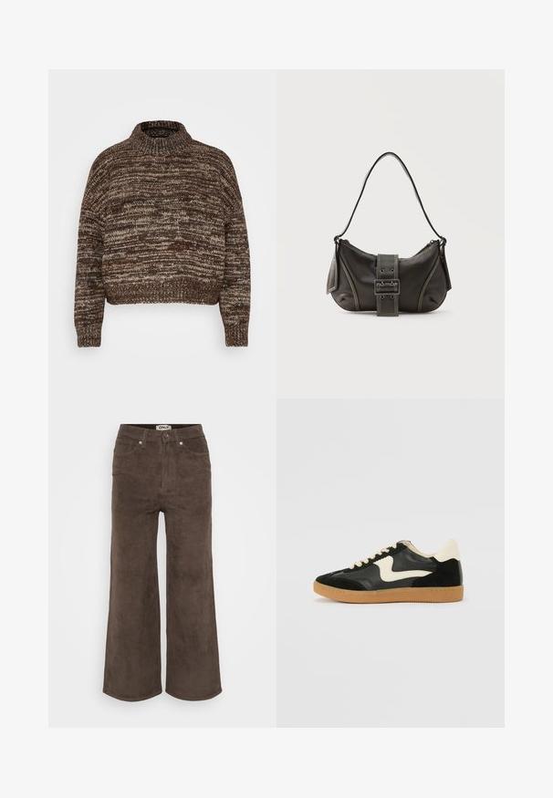 Vero Moda Petite VMDAIMA - Pullover - chocolate torte/silver mink/gold; Pantalons larges en velours côtelé marron avec une texture en côtes, cinq poches et une fermeture à bouton à l'avant. Présente une étiquette au niveau de la taille.; Baskets en daim et cuir noir avec un swoosh latéral crème et un talon crème clair. Dotées de lacets beige et d'une semelle en caoutchouc gomme.; Sac à épaule en cuir noir avec une sangle à boucle, des bords arrondis et des coutures blanches contrastées sur un fond uni.