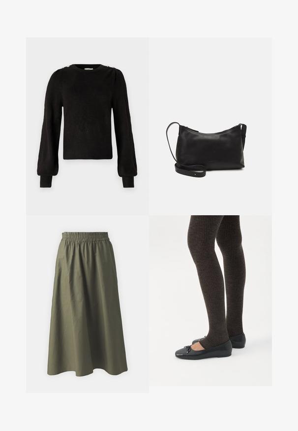 JDY JDYELANORA O NECK BUTTON - Neule - black; Oliivivihreä, polvipituinen hame, jossa on kerätty joustava vyötärö. Valmistettu kevyestä kankaasta, jolla on sileä pinta ja yksinkertainen muotoilu.; Jalat, joissa tummat ribbineuleiset leggingsit yhdistettynä mustiin balettitossuihin, joissa on pienet rusettikoristeet valkoisella taustalla.; Musta nahkainen olkalaukku, jossa on sileä pinta, kaareva muoto, säädettävä hihna ja vetoketjukiinnitys. Minimalistinen muotoilu ilman koristeita.
