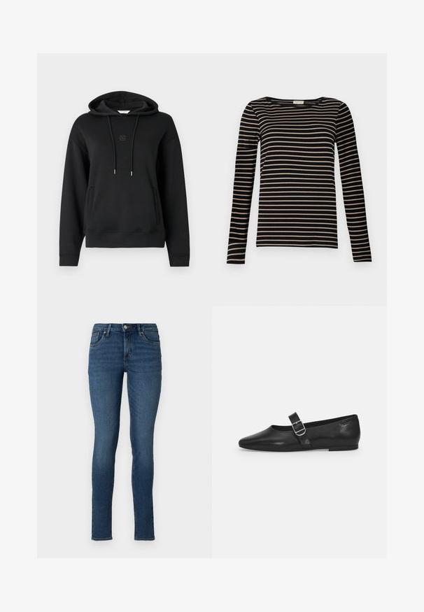 Zwarte hoodie van zacht materiaal, met een voorzak, koordjes en een subtiele geborduurde logo op de borst.; Langemouwen gestreepte t-shirt, met zwarte en beige horizontale strepen, een ronde hals en een getailleerd ontwerp in een zachte stof.; Dunne blauwe jeans van denim met een normale taille, vijf zakken en een vervaagde was, met standaard stiksels en een ritsluiting.; Zwarte leren platte schoen met een ronde neus, een enkele verstelbare gespsluiting en een gladde, glanzende textuur. Minimalistisch ontwerp met een lage hak.