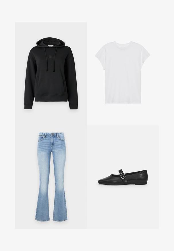 Sort hættetrøje lavet af blødt materiale, med en frontlomme, snore og et diskret logo broderet på brystet.; Hvid kortærmet t-shirt med rund hals, afslappet pasform, lavet af blødt bomuldsstof. Glat tekstur, ingen mønstre eller logoer.; Lyseblå vide jeans lavet af denim. Har et traditionelt fem-lommer design og en lynlås med knaplukning. Bleg effekt på lårerne.; Sorte læder flade sko med rund tå, et enkelt justerbart spænde og en glat, blank overflade. Minimalistisk design med en lav hæl.