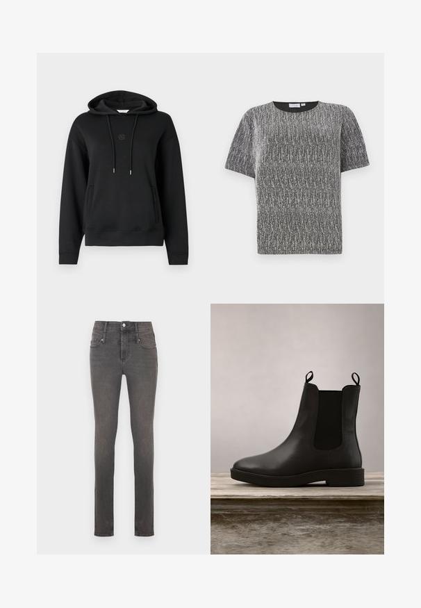 Zwarte hoodie van zacht materiaal, met een voorzak, koordjes en een subtiele geborduurde logo op de borst.; Korte mouwen metallic zilveren en zwarte gewoven top met een ronde halslijn en een slim fit.; Skinny jeans in donkergrijs denim met een klassiek ontwerp van vijf zakken, voorzien van een knoopsluiting en subtiele vervaging bij de heupen.; Zwarte leren enkelboot met elastische zijpanelen en een lage hak, voorzien van een gladde afwerking en afgeronde neus, gepositioneerd boven een houten oppervlak.