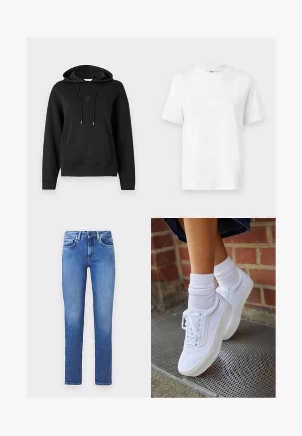 Sort hættetrøje lavet af blødt materiale, med en frontlomme, snore og et diskret logo broderet på brystet.; Hvid bomulds T-shirt med rund hals, kortærmet og en glat tekstur. Designet med en afslappet pasform for komfort og alsidighed.; Blå denim jeans med lige ben, fem-lomme design og knaplukning. Stof med en glat tekstur og let falmet.; Hvide lærreds sneakers med gummisåler, der har seks snørehuller, rund tå og let sømdetaljer, krydret med hvide ankelstrømper.