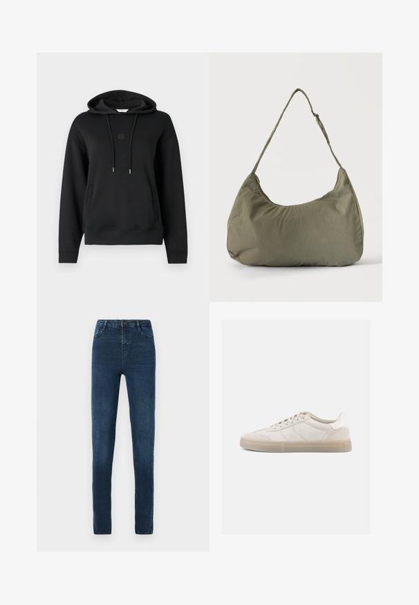 Sort hættetrøje lavet af blødt materiale, med en frontlomme, snore og et diskret logo broderet på brystet.; Slim fit jeans i mørk denim med en glat tekstur, klassisk fem-lomme design og lynlås med knaplukning.; Beige ruskindssneakers med lav profil, der har en struktureret overdel, tonale sømme og en lys gummisål. Snørebånd fuldender designet.; Skuldertaske i blødt olivengrønt stof med lynlås og justerbar rem på ensfarvet, lyst baggrund.