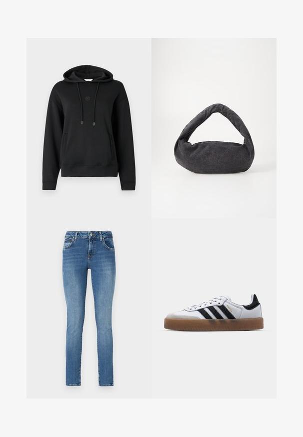 Sort hættetrøje lavet af blødt materiale, med en frontlomme, snore og et diskret logo broderet på brystet.; Smarte jeans i blå denim med en slidtagning, der har fem lommer, bæltestropper og en lynlås med knaplukning.; Hvide lædersneakers med sorte striber, gummirubber sål, rund tå, snørelukning og blød grå ruskinds tåhætte.; Mørkegrå stofpose med et buet håndtag, blød tekstur og rund form. Ingen synligt hardware eller pynt.