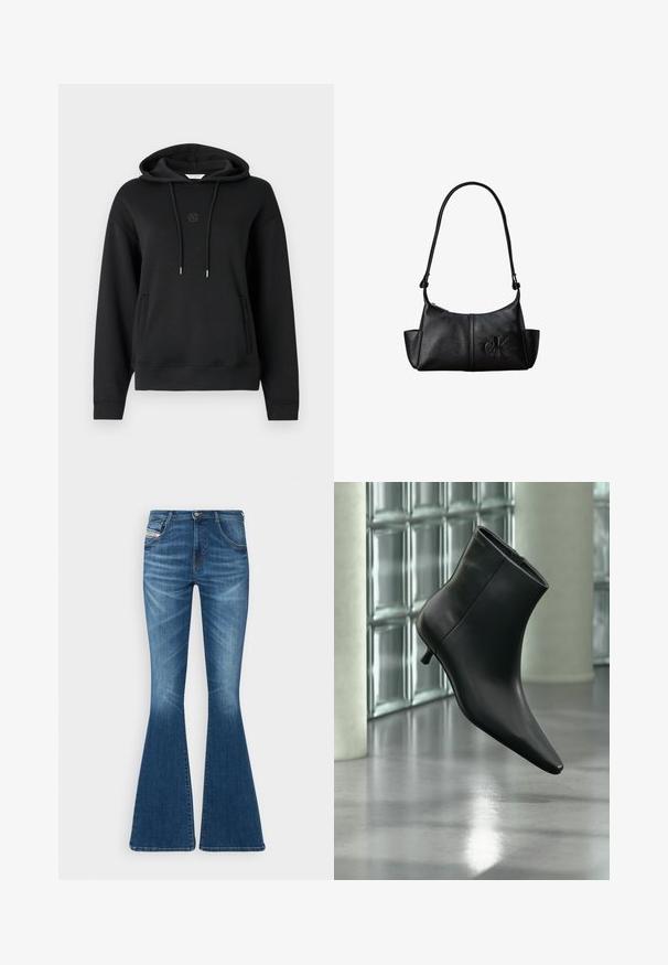 Sort hættetrøje lavet af blødt materiale, med en frontlomme, snore og et diskret logo broderet på brystet.; Flared jeans i mellemblå denim med høj talje, fem-lomme design og subtile whiskering-detaljer ved lårene.; Sort læderankelstøvle med spids tå og lav kitten-hæ, vist vinklet mod en poleret gulv- og glasblokvæg.; Sort læder skuldertaske med lang rem, sidelommer og præget Calvin Klein-logo på fronten.