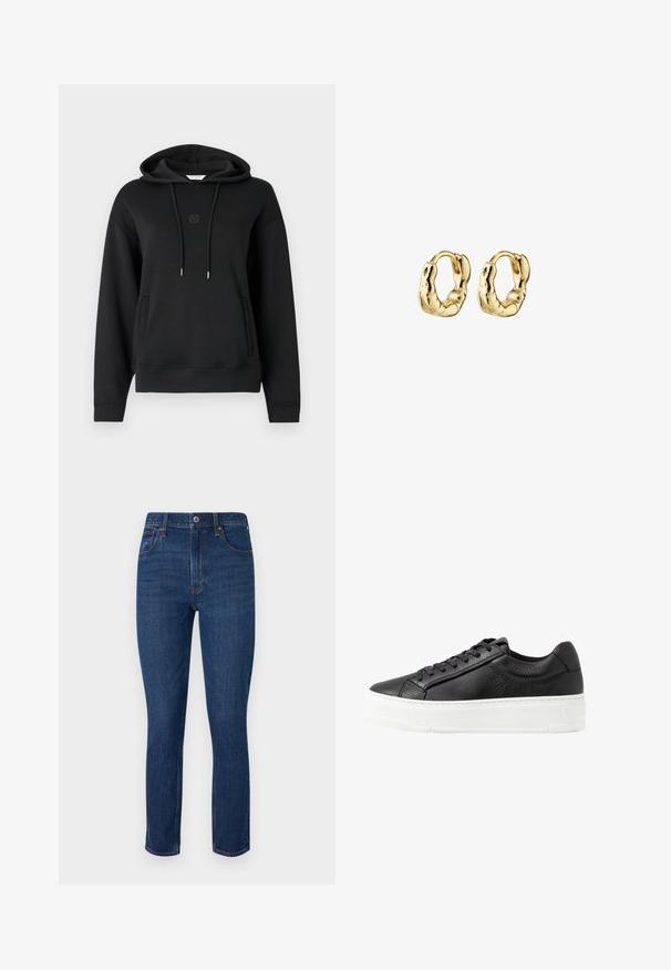 Sort hættetrøje lavet af blødt materiale, med en frontlomme, snore og et diskret logo broderet på brystet.; Mørkeblå jeans lavet af denim, med lige ben, standard fem-lomme design og syninger nær lommene.; Sort læder sneakers med struktureret overflade, hvid gummisål, rund tå og snøre-design. Har syede detaljer og glat tunge.; Guld-tone hoops med en tekstureret, uregelmæssig design. De har en sikker lukkemekanisme og en glat, reflekterende overflade.