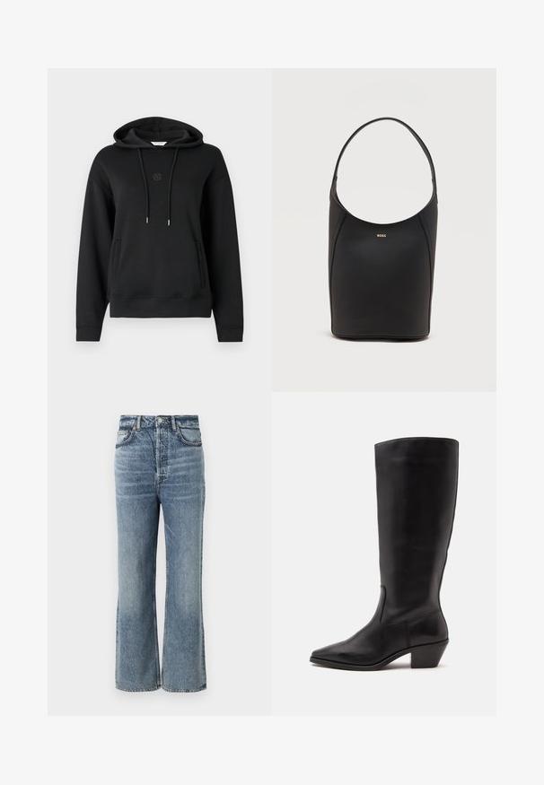 Sort hættetrøje lavet af blødt materiale, med en frontlomme, snore og et diskret logo broderet på brystet.; Lysblå højtaljede jeans med bred benudskæring, afsluttet med subtilt falming, fem-lomme design og metalknap hardware.; Sort læderstøvle til midtkalv med spids tå og lavt skråt hæl på en enkel lys baggrund.; Sort læder bucket taske med én skulderrem og lille guldfarvet BOSS-logo centreret tæt på toppen foran.