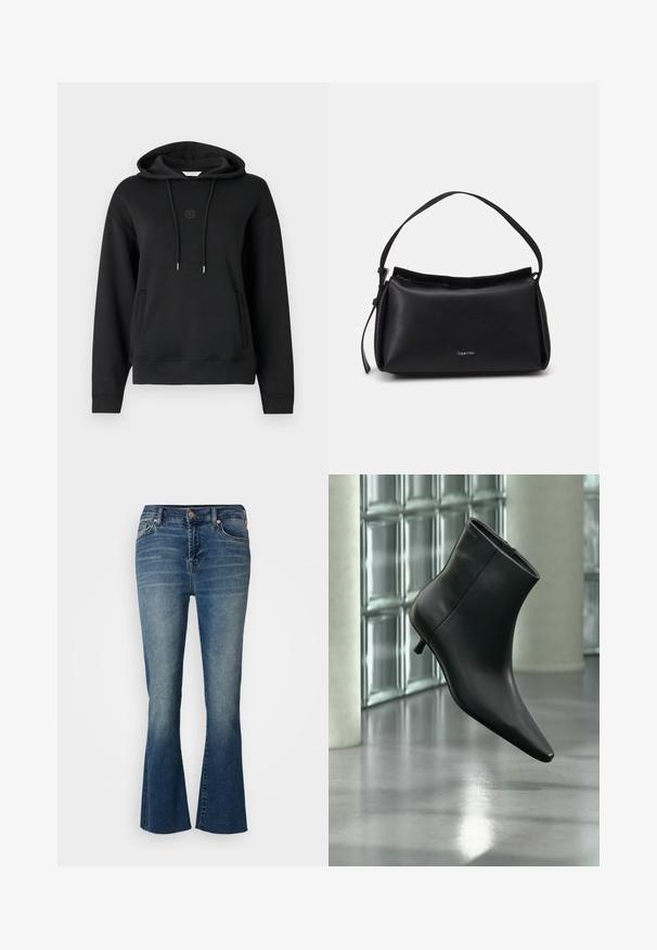 Zwarte hoodie van zacht materiaal, met een voorzak, koordjes en een subtiele geborduurde logo op de borst.; Denim flare jeans in een medium blauwe was, met een hoge taille, vijf zakken en subtiele wassing aan de voorkant.; Zwarte leren enkellaars met spits toelopende neus en lage kittenhak, schuin weergegeven tegen een gepolijste vloer en een glazen blokken muur als achtergrond.; Zwarte leren handtas met een gebogen vorm, een enkele schouderband en een ritsluiting aan de bovenkant. Heeft een subtiel logo aan de voorkant voor branding.