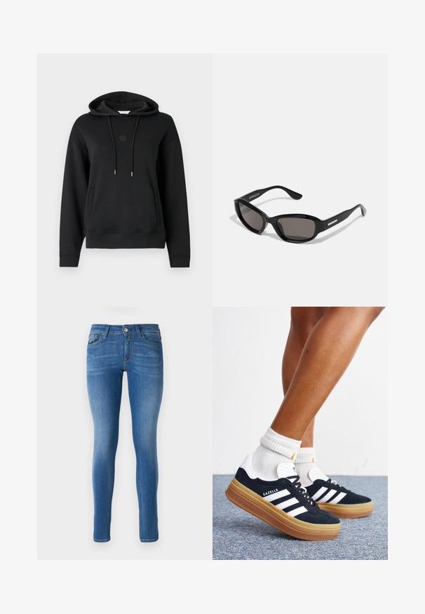 Zwarte hoodie van zacht materiaal, met een voorzak, koordjes en een subtiele geborduurde logo op de borst.; Blauwe skinny jeans van denim met een middelhoge tailleband, traditioneel vijf-pocket ontwerp en subtiele vervaging op de benen.; Ben met witte sokken en zwarte Adidas Gazelle sneakers met witte strepen en dikke bruine zolen op een grijs tapijt.; Zwarte zonnebril met een rechthoekig frame, donkere lenzen, gladde plastic materiaal en een metalen accent op de poot.