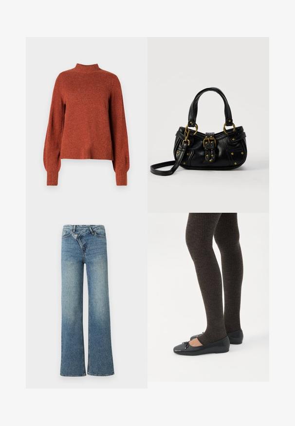Rustfarvet langærmet strikket sweater med ribbet høj hals, manchetter og kant, vist mod en ensfarvet hvid baggrund.; Lyseblå denim jeans med vide ben og høj talje, let falmet effekt og knaplukning foran. Har fem lommer og minimal syning.; Ben iført mørke ribbede leggings kombineret med sorte balletsko med små sløjfedetaljer på hvid baggrund.; Sort læderhåndtaske med guldbælge og nitdetaljer, korte håndtag og en justerbar skulderrem på en ensfarvet hvid baggrund.