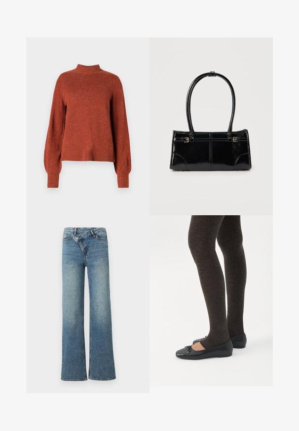 Rustfarvet langærmet strikket sweater med ribbet høj hals, manchetter og kant, vist mod en ensfarvet hvid baggrund.; Lyseblå denim jeans med vide ben og høj talje, let falmet effekt og knaplukning foran. Har fem lommer og minimal syning.; Ben iført mørke ribbede leggings kombineret med sorte balletsko med små sløjfedetaljer på hvid baggrund.; Glansfuld sort rektangulær håndtaske med to tynde skulderremme og små guldbeslag foran.