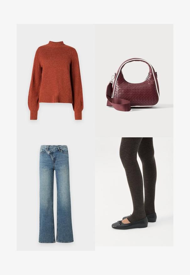 Rustfarvet langærmet strikket sweater med ribbet høj hals, manchetter og kant, vist mod en ensfarvet hvid baggrund.; Lyseblå denim jeans med vide ben og høj talje, let falmet effekt og knaplukning foran. Har fem lommer og minimal syning.; Ben iført mørke ribbede leggings kombineret med sorte balletsko med små sløjfedetaljer på hvid baggrund.; Mørkerød vævet lædertaske med buet hank, hvid kant, sølv lynlås og aftagelig bred stofskulderrem mod en ensfarvet baggrund.