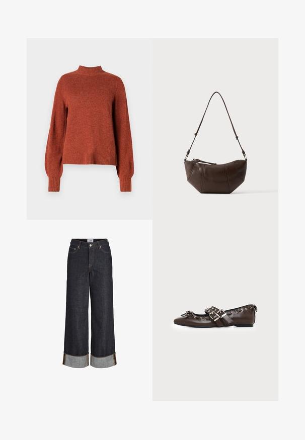 Rustfarvet langærmet strikket sweater med ribbet høj hals, manchetter og kant, vist mod en ensfarvet hvid baggrund.; Mørkeblå jeans med brede ben og opbuk ved kanterne, fem lommer og kontrastfuld gul syning.; Mørkebrune lædersko med flad sål og spids snude, dobbelt sølvsnørrebånd, metaløjer og dekorativ sløjfe foran.; Brun læder skuldertaske med buet bund og justerbar rem mod en ensfarvet lys baggrund.