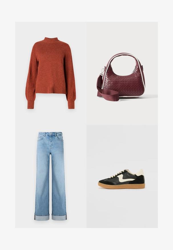 Pull en tricot à manches longues de couleur rouille avec un col montant, des poignets et un ourlet côtelés, présenté sur un fond blanc uni.; Jean large bleu clair en denim classique avec une taille haute, présentant des ourlets retroussés et des coutures visibles.; Baskets en daim et cuir noir avec un swoosh latéral crème et un talon crème clair. Dotées de lacets beige et d'une semelle en caoutchouc gomme.; Sac à main en cuir tressé marron foncé avec poignée courbée, garniture blanche, fermeture éclair argentée et bandoulière large en tissu amovible sur fond uni.