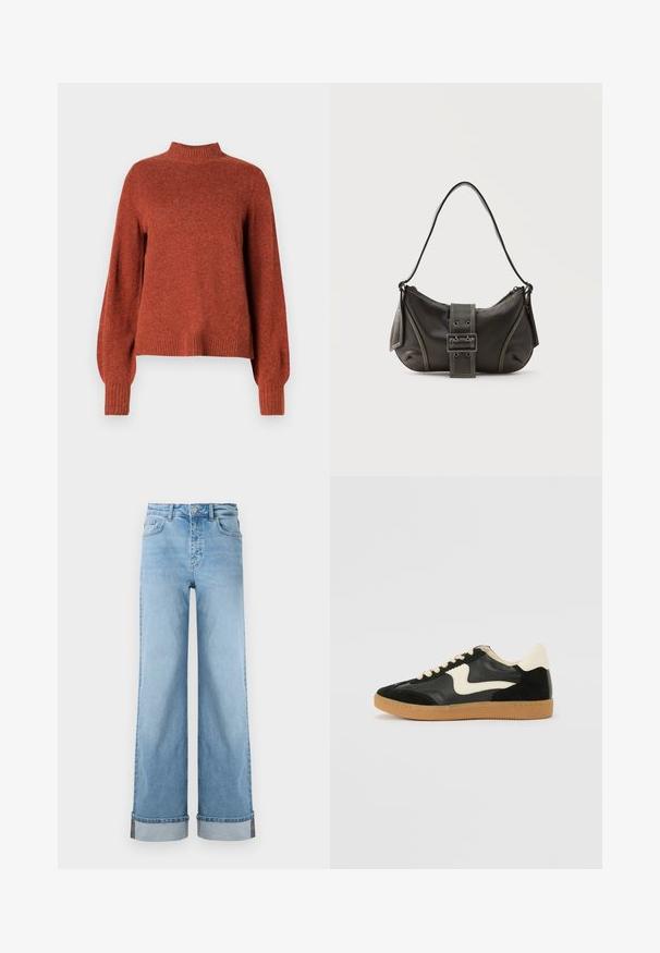 Pull en tricot à manches longues de couleur rouille avec un col montant, des poignets et un ourlet côtelés, présenté sur un fond blanc uni.; Jean large bleu clair en denim classique avec une taille haute, présentant des ourlets retroussés et des coutures visibles.; Baskets en daim et cuir noir avec un swoosh latéral crème et un talon crème clair. Dotées de lacets beige et d'une semelle en caoutchouc gomme.; Sac à épaule en cuir noir avec une sangle à boucle, des bords arrondis et des coutures blanches contrastées sur un fond uni.