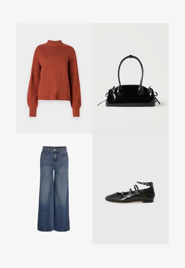 Rustfarvet langærmet strikket sweater med ribbet høj hals, manchetter og kant, vist mod en ensfarvet hvid baggrund.; Blå denimjeans med høj talje og vide ben, foran knapper, lynlås, bæltestropper og forlommer, vist på hvid baggrund.; ALDO NELTA - Ballerinasko - black; Lille sort blank håndtaske med to lange håndtag og snøre-detaljer i siden på en ensfarvet lys baggrund.