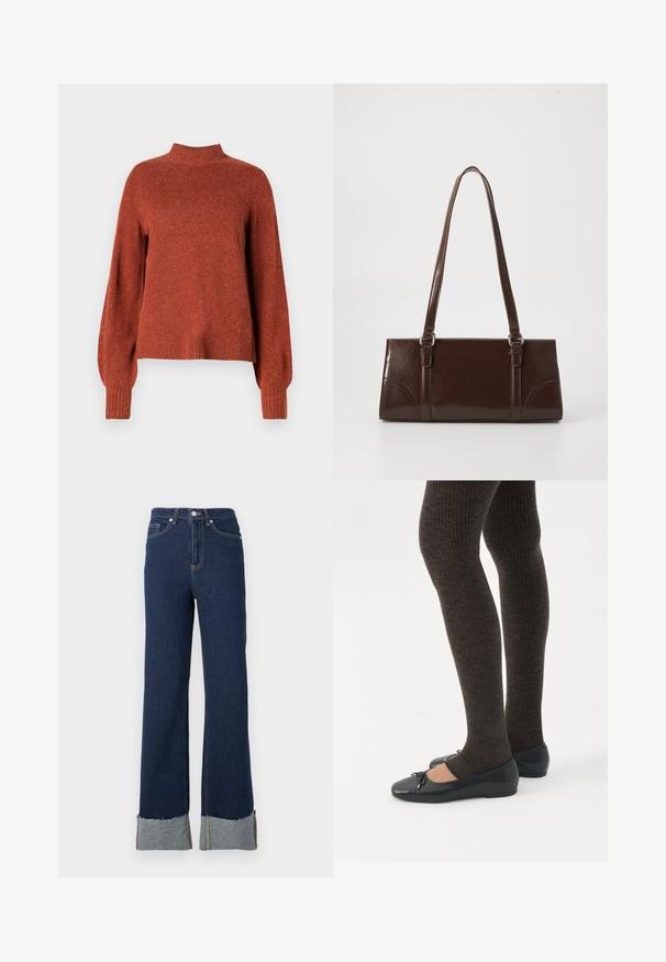 Roestkleurige gebreide trui met lange mouwen, ribbelboord bij de kraag, manchetten en onderrand, tentoongesteld tegen een effen witte achtergrond.; Donkerblauwe denim flare jeans met een hoge taille, voorzien van een ruwe zoom en een lichtere denim manchet bij de enkels. Zilveren sluiting met knop.; Benen met donkere geribbelde leggings gecombineerd met zwarte ballerina's met kleine strikdetails op een witte achtergrond.; Bruine lakleren handtas met een rechthoekige vorm, twee lange handvatten en subtiele gebogen accenten aan de voorkant.
