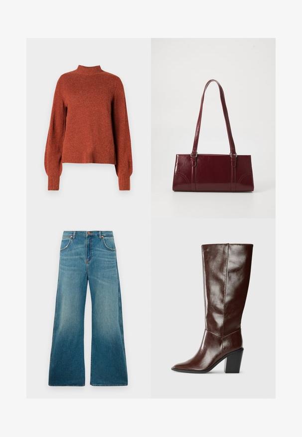 Pull en tricot à manches longues de couleur rouille avec un col montant, des poignets et un ourlet côtelés, présenté sur un fond blanc uni.; Jeans en denim bleu taille haute avec jambes larges, poches avant, fermeture à bouton et dégradé de couleur usé allant de la taille à l'ourlet.; Botte haute en cuir marron foncé avec un bout pointu et un talon empilé, présentée de côté sur un fond uni.; Sac à main bordeaux en matériau brillant, de forme rectangulaire, avec deux anses et des accents légèrement courbés à l'avant.