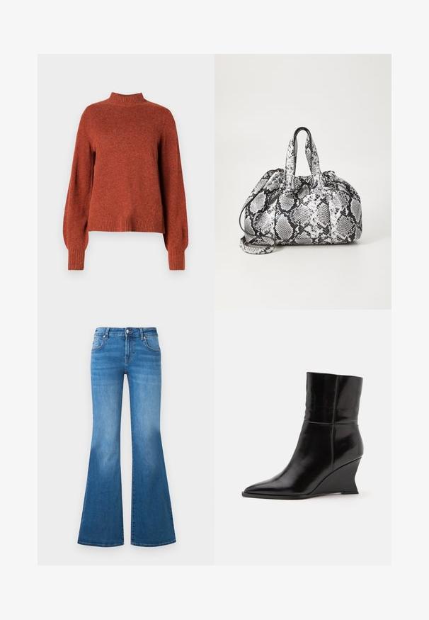 Pull en tricot à manches longues de couleur rouille avec un col montant, des poignets et un ourlet côtelés, présenté sur un fond blanc uni.; Jean en denim bleu évasé avec une taille mi-haute, cinq poches et des détails décolorés sur les cuisses. Accents en métal argenté sur les boutons.; Bottine en cuir noir avec bout pointu et talon compensé, finition lisse et hauteur mi-mollet.; Sac à main en motif peau de serpent noir et blanc avec deux poignées, une fermeture à cordon et une bandoulière amovible. Texture lisse.