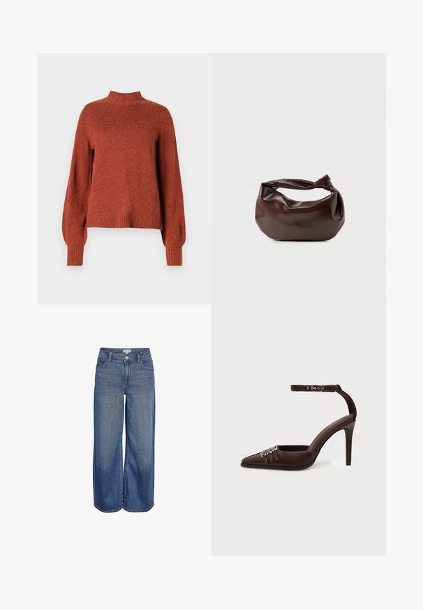 Rustfarvet langærmet strikket sweater med ribbet høj hals, manchetter og kant, vist mod en ensfarvet hvid baggrund.; Blå denim viddebukser med knap- og lynlås foran, bæltestropper samt lommer foran og bagpå.; Brun læder højhælet sko med spids tå, tre små sølvspænder foran og justerbar ankelrem med spænde.; Mørkebrun læder skuldertaske med en blød, afslappet form og et snoet knudehåndtag på en ensartet hvid baggrund.
