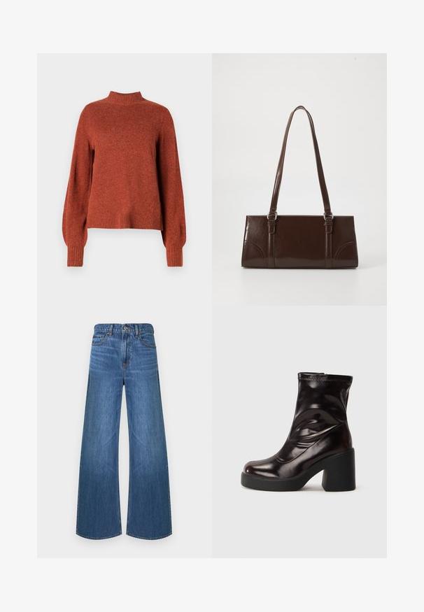 Rustfarvet langærmet strikket sweater med ribbet høj hals, manchetter og kant, vist mod en ensfarvet hvid baggrund.; Bredbenede blå denimjeans med knapper og lynlås foran, fem-lomme-design og bæltestropper, vist mod en hvid baggrund.; Lysende sorte ankelstøvler med kraftig blokhæl og rund tå, glat læderoverdel med diskrete syninger.; Brun lakeret håndtaske med rektangulær form, to lange håndtag og subtile buede detaljer på fronten.