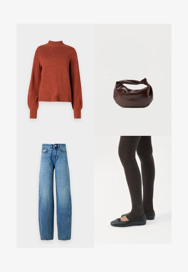 Pull en tricot à manches longues de couleur rouille avec un col montant, des poignets et un ourlet côtelés, présenté sur un fond blanc uni.; Jean en denim bleu taille haute avec jambes larges, fermeture devant par bouton et zip, poches avant et arrière, présenté sur un fond uni.; Jambes portant des leggings côtelés foncés associés à des ballerines noires avec de petits détails en nœud sur fond blanc.; Sac bandoulière en cuir marron foncé avec une forme souple et décontractée et une anse nouée torsadée sur un fond blanc uni.