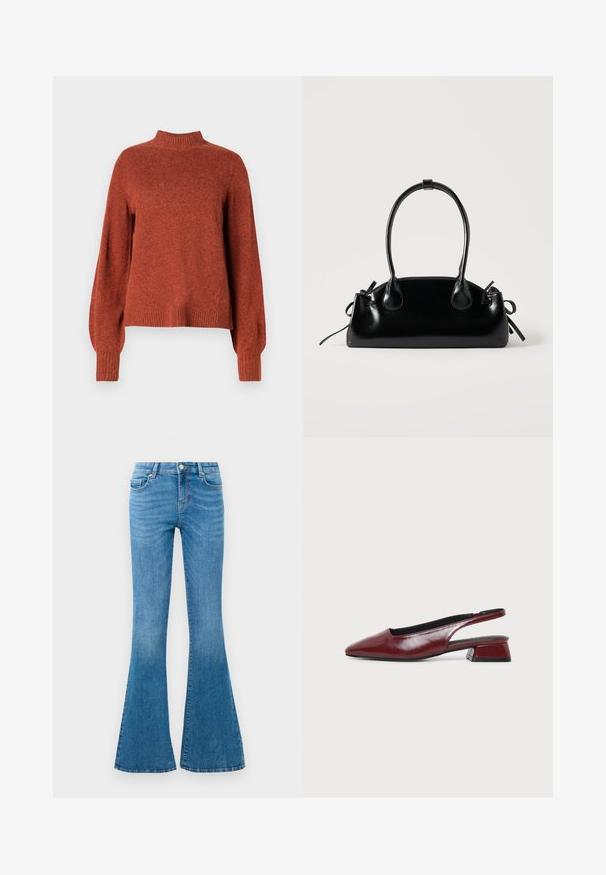 Rustfarvet langærmet strikket sweater med ribbet høj hals, manchetter og kant, vist mod en ensfarvet hvid baggrund.; Blå denim flared jeans med mellemhøj talje, der har fem lommer, en standard knaplukning og let falmning for struktur.; Vinrød lædersko med rembag, spids tå og lav blokhæl, vist i sideprofil på ensartet lyst baggrund.; Lille sort blank håndtaske med to lange håndtag og snøre-detaljer i siden på en ensfarvet lys baggrund.