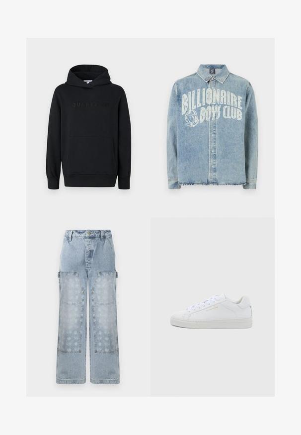 Sort hættetrøje, blødt materiale, pullover-design, frontlomme til hænderne, præget "QUARTZ CO" logo på brystet, ribbede manchetter og kant.; Lyseblå denimjakke med trykknaplukning foran, krave og hvid tekst "Billionaire Boys Club" med grafik af en astronaut-hjelm på brystet.; Lyseblå denim cargo bukser har et bredt ben design, store påsyede lommer og en subtil blomsterprint på de nederste paneler med gyldne hardware detaljer.; Hvide sneakers i lav model og læder med rund snude, flade snørebånd, tekstureret sål og diskret guldfarvet logo på siden. Glat overflade og minimalistisk design.