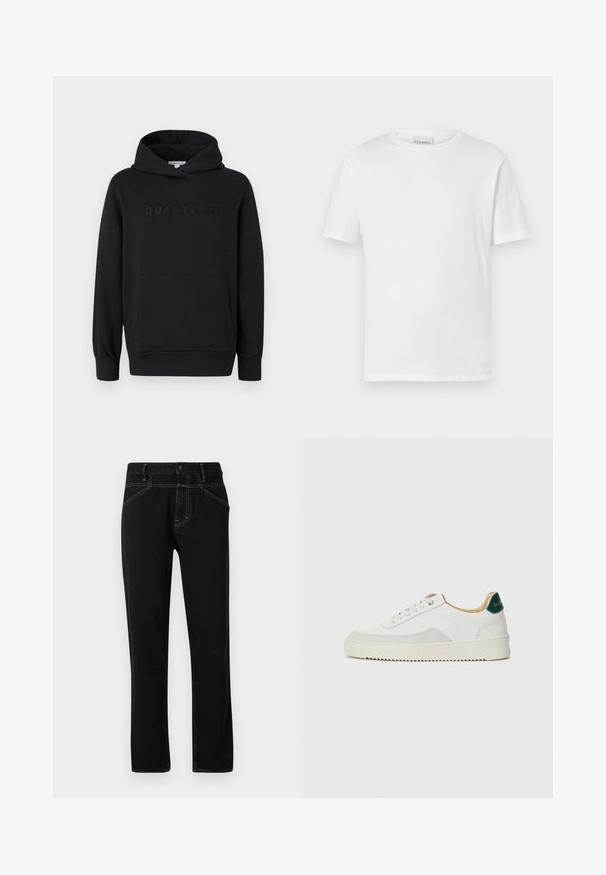 Sweat à capuche noir, tissu doux, design à enfiler, poche kangourou à l'avant, logo "QUARTZ CO" en relief sur la poitrine, poignets et ourlet côtelés.; T-shirt blanc à manches courtes en coton. Présente un col rond et un ourlet droit. Sans motifs ni embellissements. Design simple.; Jean en denim noir avec coupe droite, présentant des surpiqûres jaunes, cinq poches et une fermeture à bouton à l'avant. Texture lisse et design minimal.; Baskets blanches avec des accents en daim, bout arrondi, lacets plats et semelle en caoutchouc crème. Présente une marque verte sur le talon.