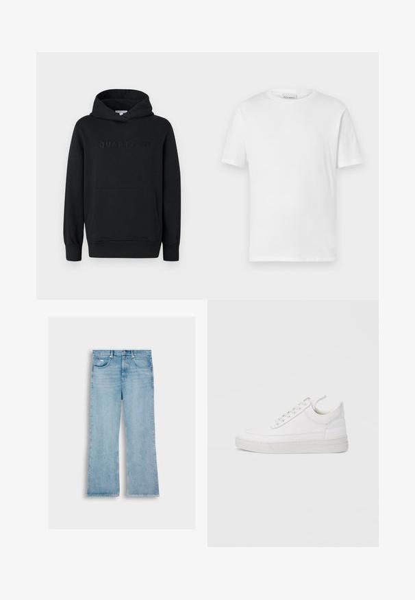 Sudadera con capucha negra, fabricada en un tejido suave, diseño tipo pullover, bolsillo canguro frontal, logo en relieve "QUARTZ CO" en el pecho, puños y dobladillo acanalados.; Camiseta blanca de manga corta hecha de algodón. Presenta un escote redondo y un dobladillo recto. Sin patrones ni adornos. Diseño simple.; Jeans de mezclilla azul claro con corte recto, que cuentan con cinco bolsillos, cierre de botón y costuras a lo largo de las costuras.; Zapatilla blanca de cuero con punta redondeada, suela plana y cierre de cordones. Presenta detalles de costuras y un cuello acolchado para mayor comodidad.