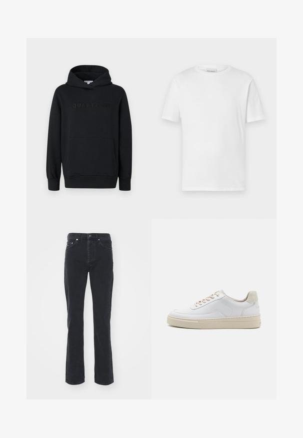Sweat à capuche noir, tissu doux, design à enfiler, poche kangourou à l'avant, logo "QUARTZ CO" en relief sur la poitrine, poignets et ourlet côtelés.; T-shirt blanc à manches courtes en coton. Présente un col rond et un ourlet droit. Sans motifs ni embellissements. Design simple.; Jeans en denim noir avec une coupe droite, comportant cinq poches et une fermeture à bouton. Le tissu a une texture subtile et une finition robuste.; Sneaker blanche avec un dessus en cuir lisse, des lacets beige et un onglet de talon en daim beige texturé. Semelle surélevée pour une hauteur supplémentaire.