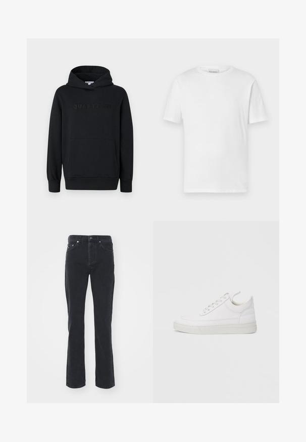 Zwarte hoodie, zachte stof, pullover ontwerp, voorzak in kangoeroestijl, reliëf 'QUARTZ CO' logo op de borst, ribgebreide manchetten en onderkant.; Witte t-shirt met korte mouwen van katoen. Heeft een ronde halslijn en een rechte zoom. Geen patronen of versieringen. Eenvoudig ontwerp.; Zwarte denim jeans met een rechte pijpdesign, voorzien van vijf zakken en een knoopsluiting. De stof heeft een subtiele textuur en stevige afwerking.; Witte leren sneaker met een afgeronde neus, platte zool en veters aan de voorkant. Voorzien van stikseldetails en een gevoerde kraag voor comfort.