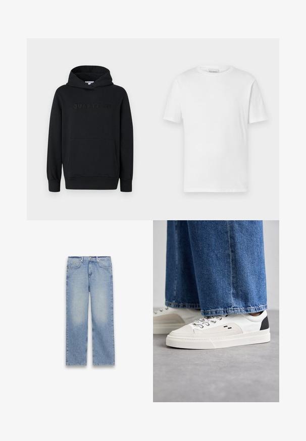 Sudadera con capucha negra, fabricada en un tejido suave, diseño tipo pullover, bolsillo canguro frontal, logo en relieve "QUARTZ CO" en el pecho, puños y dobladillo acanalados.; Camiseta blanca de manga corta hecha de algodón. Presenta un escote redondo y un dobladillo recto. Sin patrones ni adornos. Diseño simple.; Vaqueros de mezclilla azul claro de corte recto con cinco bolsillos, trabillas para cinturón y cierre de botón y cremallera.; Zapatillas blancas y negras con una parte superior de cuero suave, acentos texturizados y una suela blanca gruesa. Presenta un diseño clásico de cordones.