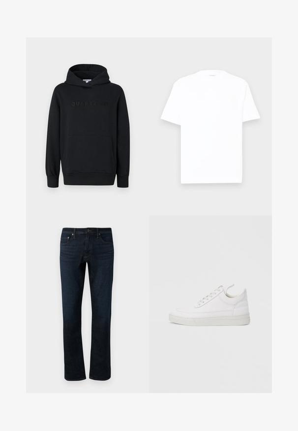 Sort hættetrøje, blødt materiale, pullover-design, frontlomme til hænderne, præget "QUARTZ CO" logo på brystet, ribbede manchetter og kant.; Hvid bomulds T-shirt med rund hals, korte ærmer og en afslappet pasform. Glat tekstur, minimal dekoration og ingen mønstre eller grafik.; Mørkeblå denimjeans med lige ben, der har et klassisk fem-lomme design og subtile syninger.; Hvid lædersneaker med rundet tå, flad sål og snørebånd foran. Har syningsdetaljer og polstret krave for komfort.