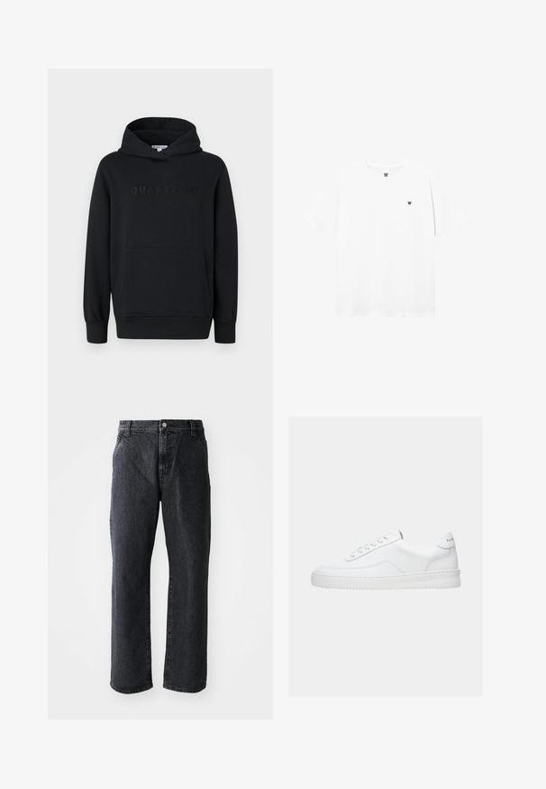 Sweat à capuche noir, tissu doux, design à enfiler, poche kangourou à l'avant, logo "QUARTZ CO" en relief sur la poitrine, poignets et ourlet côtelés.; T-shirt blanc à manches courtes et col rond avec un petit logo circulaire représentant un "W" noir sur la poitrine gauche.; Jeans en denim noir à coupe droite, avec une fermeture à bouton, cinq poches et une texture subtile. Design classique sans motifs proéminents.; Baskets basses blanches avec un design à lacets, dessus en cuir lisse et semelle épaisse, montrées de profil sur un fond uni.