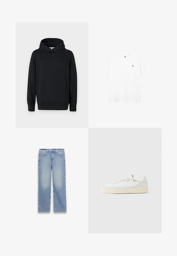 Sudadera con capucha negra, fabricada en un tejido suave, diseño tipo pullover, bolsillo canguro frontal, logo en relieve "QUARTZ CO" en el pecho, puños y dobladillo acanalados.; Camiseta blanca de manga corta con cuello redondo, con un pequeño logo circular que presenta una "W" negra en el área del pecho izquierdo.; Vaqueros de mezclilla azul claro de corte recto con cinco bolsillos, trabillas para cinturón y cierre de botón y cremallera.; Zapatilla blanca con parte superior texturizada de ante y cuero. Presenta una puntera redondeada, cierre con cordones y suela de goma beige contrastante.