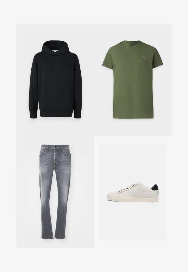 Sudadera con capucha negra, fabricada en un tejido suave, diseño tipo pullover, bolsillo canguro frontal, logo en relieve "QUARTZ CO" en el pecho, puños y dobladillo acanalados.; Camiseta básica de algodón verde oliva con mangas cortas y pequeño logo de cebra multicolor bordado en el pecho izquierdo.; Pantalones vaqueros de denim gris con corte recto, con una textura desvaída, cinco bolsillos y presillas para cinturón. Dobladillo cosido y cierre clásico de botón.; Zapatilla de piel blanca con puntera ligeramente redondeada, suela plana, ojales multicolores, tab de talón negro y logotipo en relieve en el lateral.