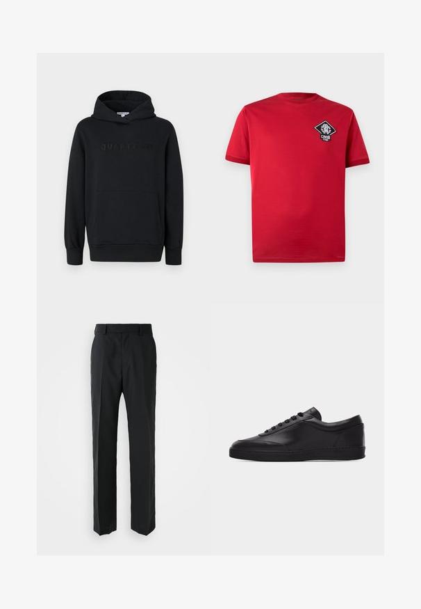 Sudadera con capucha negra, fabricada en un tejido suave, diseño tipo pullover, bolsillo canguro frontal, logo en relieve "QUARTZ CO" en el pecho, puños y dobladillo acanalados.; Camiseta de algodón roja con mangas cortas, cuello redondo y un parche de logotipo en forma de diamante en blanco y negro en el pecho izquierdo.; Pantalones negros con un diseño de pierna recta, hechos de una tela lisa. Presentan una cinturilla plana y sin patrones o adornos visibles.; Zapatilla baja negra de cuero con cordones en la parte delantera y suela plana de goma, mostrada de perfil sobre un fondo blanco liso.