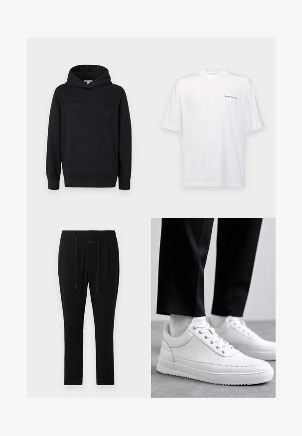 Sort hættetrøje, blødt materiale, pullover-design, frontlomme til hænderne, præget "QUARTZ CO" logo på brystet, ribbede manchetter og kant.; Hvid kortærmet t-shirt i bomuld med v-hals, med et sort "FILLING PIECES" logo trykt på venstre side.; CLOSED VIGO TAPERED - Chino - dark night; Hvide lædersneakers med en flad gummisål, der har en glat overflade, rund tå og metaløjer til snørebånd. Bæret med sorte bukser.