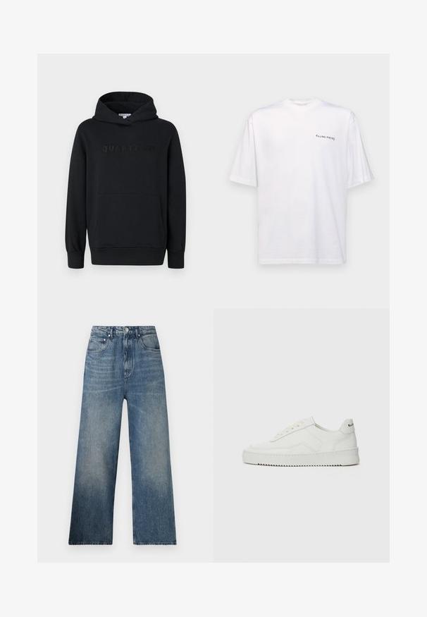 Sort hættetrøje, blødt materiale, pullover-design, frontlomme til hænderne, præget "QUARTZ CO" logo på brystet, ribbede manchetter og kant.; Hvid kortærmet t-shirt i bomuld med v-hals, med et sort "FILLING PIECES" logo trykt på venstre side.; Blå denim bredbenede jeans med høj talje, subtilt slid, fem lommer og metalknaplukning foran.; Hvide lædersneakers med en glat overflade, rund tå, flade snørebånd og en tekstureret sål. Har et diskret logo på hælen.