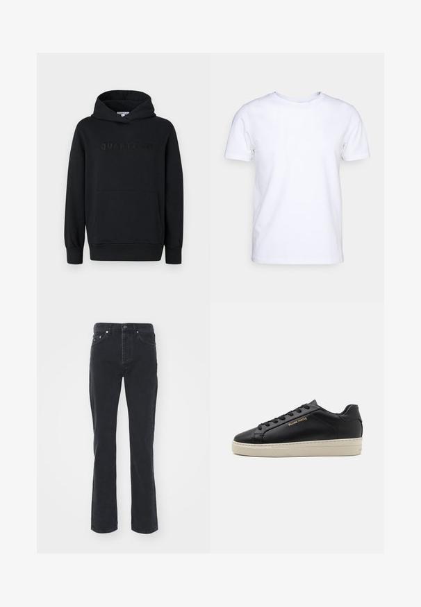 Zwarte hoodie, zachte stof, pullover ontwerp, voorzak in kangoeroestijl, reliëf 'QUARTZ CO' logo op de borst, ribgebreide manchetten en onderkant.; Witte katoenen t-shirt met korte mouwen en een ronde hals. Eenvoudig ontwerp zonder patronen of accenten. Glad textuur.; Zwarte denim jeans met een rechte pijpdesign, voorzien van vijf zakken en een knoopsluiting. De stof heeft een subtiele textuur en stevige afwerking.; Zwarte leren sneaker met een gladde afwerking, contrasterende crèmekleurige zool, ronde neus, gouden logo aan de zijkant en zes gaatjes voor veters.