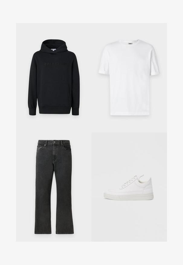 Zwarte hoodie, zachte stof, pullover ontwerp, voorzak in kangoeroestijl, reliëf 'QUARTZ CO' logo op de borst, ribgebreide manchetten en onderkant.; Witte katoenen t-shirt met een ronde hals, korte mouwen en omgeslagen mouwen; ongecompliceerd ontwerp, zachte textuur en rechte snit.; Zwarte denim jeans met een rechte pasvorm, met een middelhoge taille, vijf zakken en een knoopsluiting. Subtiele vervaagde textuur overal.; Witte leren sneaker met een afgeronde neus, platte zool en veters aan de voorkant. Voorzien van stikseldetails en een gevoerde kraag voor comfort.