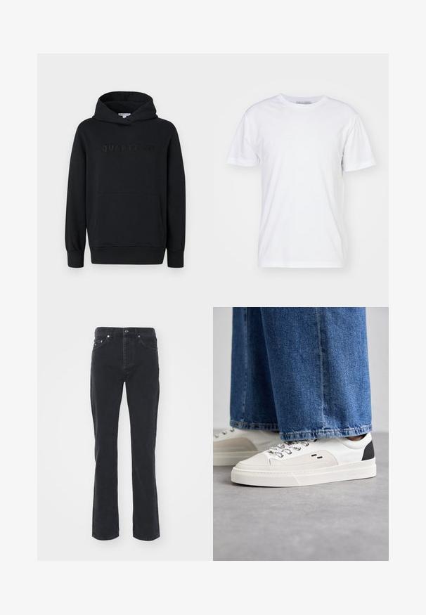 Zwarte hoodie, zachte stof, pullover ontwerp, voorzak in kangoeroestijl, reliëf 'QUARTZ CO' logo op de borst, ribgebreide manchetten en onderkant.; Witte katoenen T-shirt met een ronde hals, korte mouwen en een rechte snit. Geen patronen of versieringen, gladde textuur en eenvoudig ontwerp.; Zwarte denim jeans met een rechte pijpdesign, voorzien van vijf zakken en een knoopsluiting. De stof heeft een subtiele textuur en stevige afwerking.; Witte en zwarte sneakers met een glad leren bovenwerk, textuuraccenten en een chunky witte zool. Heeft een klassiek vetersluiting ontwerp.