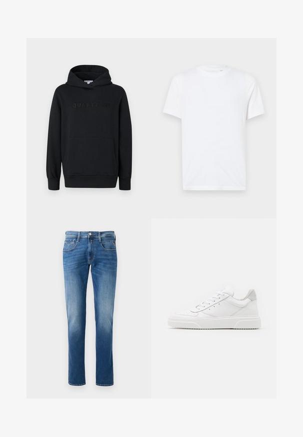 Sudadera con capucha negra, fabricada en un tejido suave, diseño tipo pullover, bolsillo canguro frontal, logo en relieve "QUARTZ CO" en el pecho, puños y dobladillo acanalados.; Camiseta de algodón blanca con cuello redondo y mangas cortas. Presenta un pequeño logo en relieve en el lado izquierdo del pecho. Textura suave.; Jeans de denim azul para hombres con un lavado desgastado, diseño de pierna recta, cinco bolsillos y cierre de botón delantero. Detalles de costura en los bolsillos.; Zapatillas de cuero blanca con un acabado suave, punta redondeada, cordones planos y una suela texturada. Acento de ante gris en el talón.