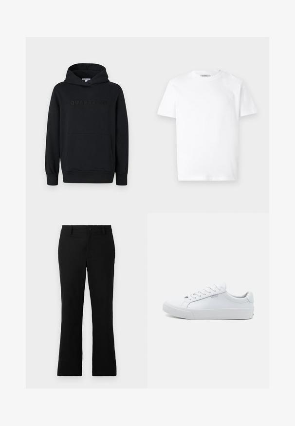 Sudadera con capucha negra, fabricada en un tejido suave, diseño tipo pullover, bolsillo canguro frontal, logo en relieve "QUARTZ CO" en el pecho, puños y dobladillo acanalados.; Camiseta blanca de algodón con cuello redondo y mangas cortas. Presenta un pequeño logo en relieve en el lado izquierdo del pecho. Textura suave.; Pantalones de campana negros hechos de una mezcla de algodón, con cierre de botón, trabillas para el cinturón y una textura suave sin patrones visibles.; Zapatillas deportivas de cuero blanco con un acabado suave, diseño bajo, punta redonda y suela plana de goma. Con cordones planos y un branding mínimo.